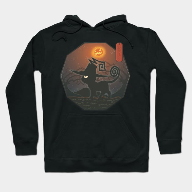 Japanese Halloween Cat with Pumpkin Moon -  Anime Neko Hoodie by MythoCulture